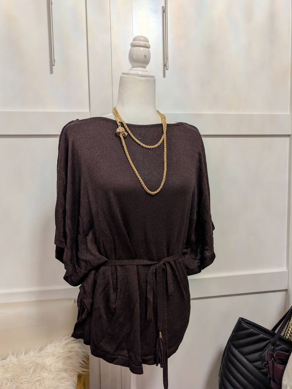 White House Black Market Brown Belted Shimmer Knit Tunic